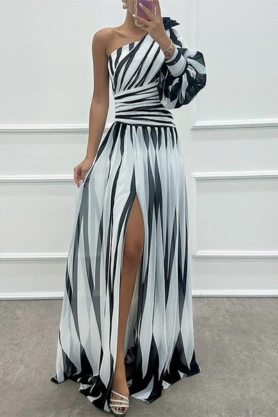 Shiloh - Abito lungo elegante a righe con spalla unica