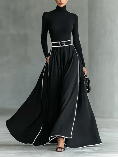 Abito Maxi Nero con Cuciture Bianche, Collo Alto, Maniche Lunghe e Cintura Fitta