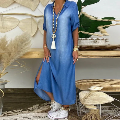 Carlotta | Abito lungo effetto jeans con spacco laterale