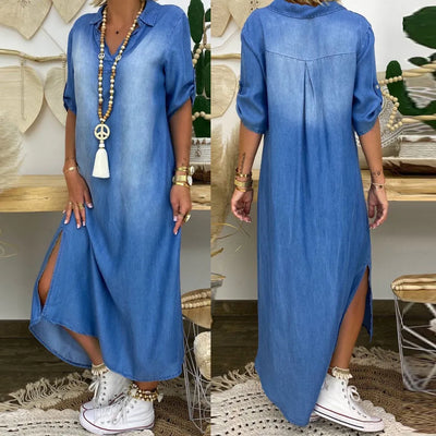 Carlotta | Abito lungo effetto jeans con spacco laterale