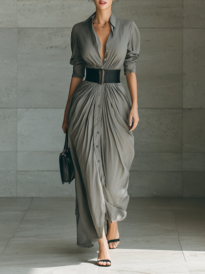 Abito Maxi con Collo a Revers e Maniche Lunghe