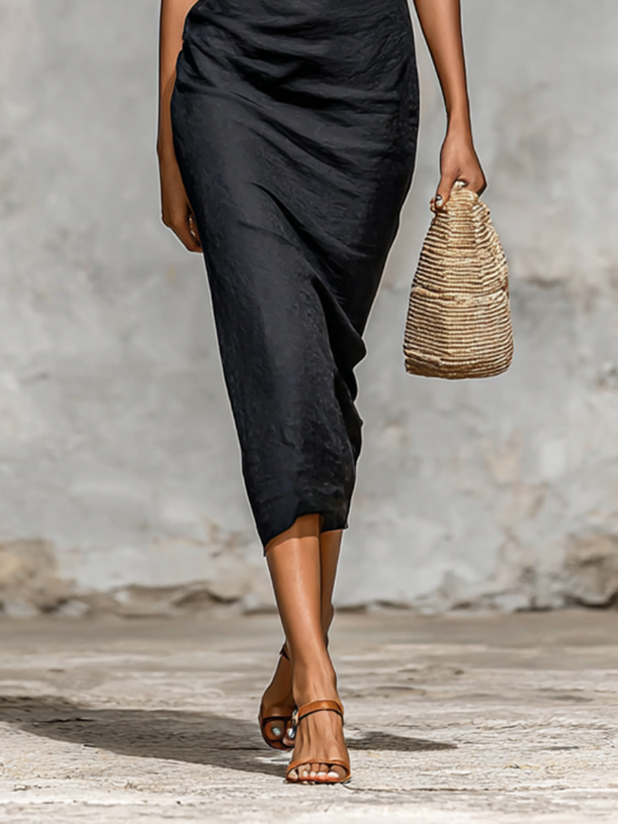 Abito Midi Donna Monocromatico con Collo a V e Maniche Corte