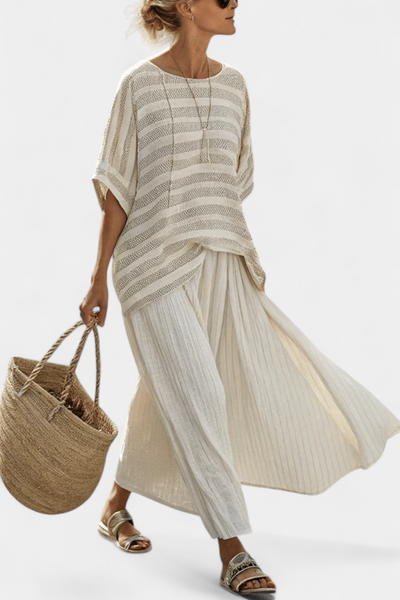 Nadia | Completo lino bambù con blusa a righe e pantaloni fluidi