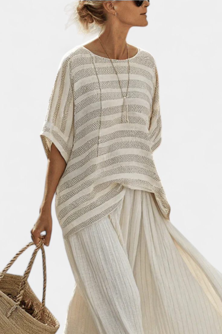 Nadia | Completo lino bambù con blusa a righe e pantaloni fluidi