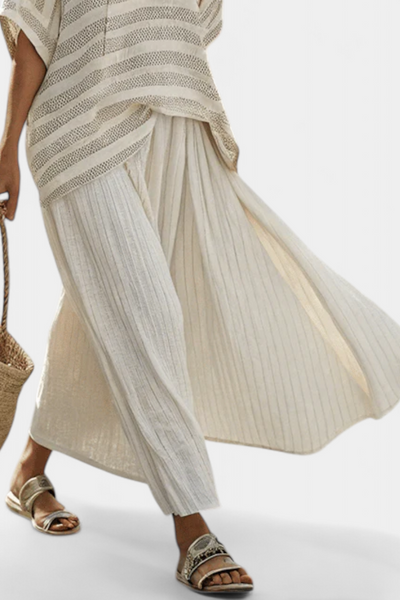 Nadia | Completo lino bambù con blusa a righe e pantaloni fluidi