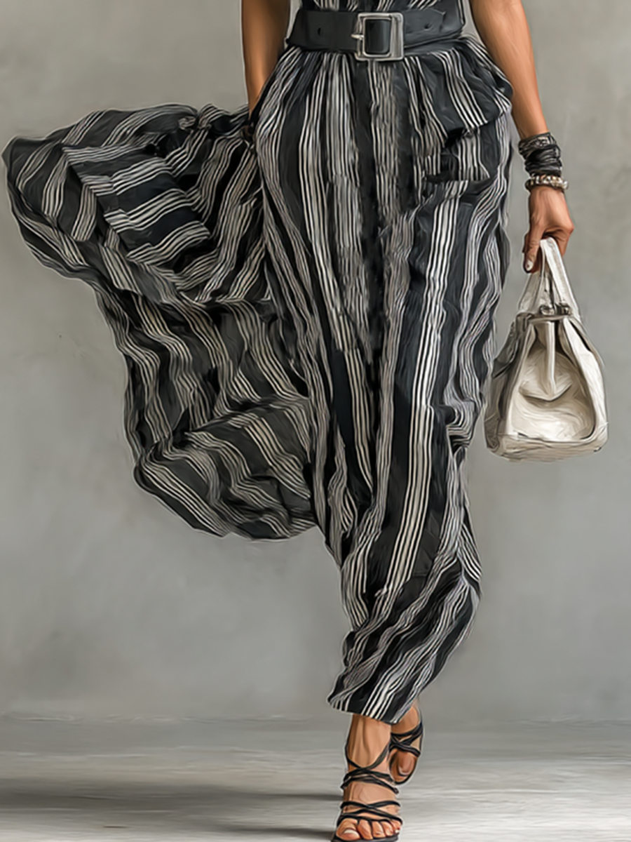 Abito Maxy Chiffon Stampato a Righe con Colletto e Maniche Corte per Donna con Cintura