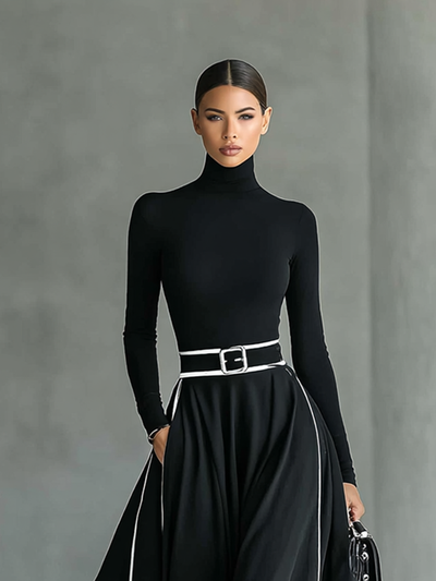 Abito Maxi Nero con Cuciture Bianche, Collo Alto, Maniche Lunghe e Cintura Fitta