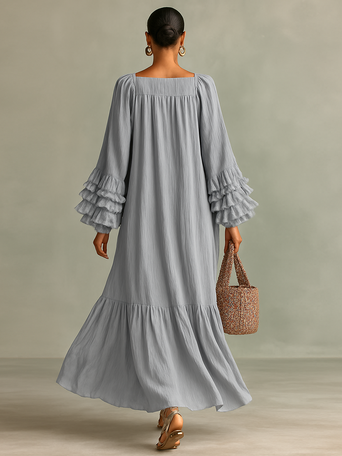Abito Maxi in Chiffon Pieghettato Donna con Maniche Lunghe e Rouches