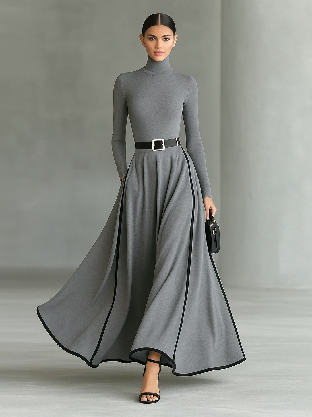 Abito Maxi Nero con Cuciture Bianche, Collo Alto, Maniche Lunghe e Cintura Fitta