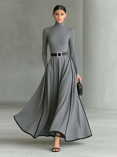 Abito Maxi Nero con Cuciture Bianche, Collo Alto, Maniche Lunghe e Cintura Fitta