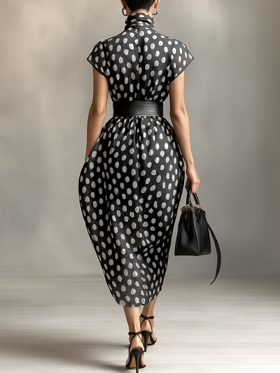 Abito Maxi in Chiffon con Stampa a Pois e Collo Alto
