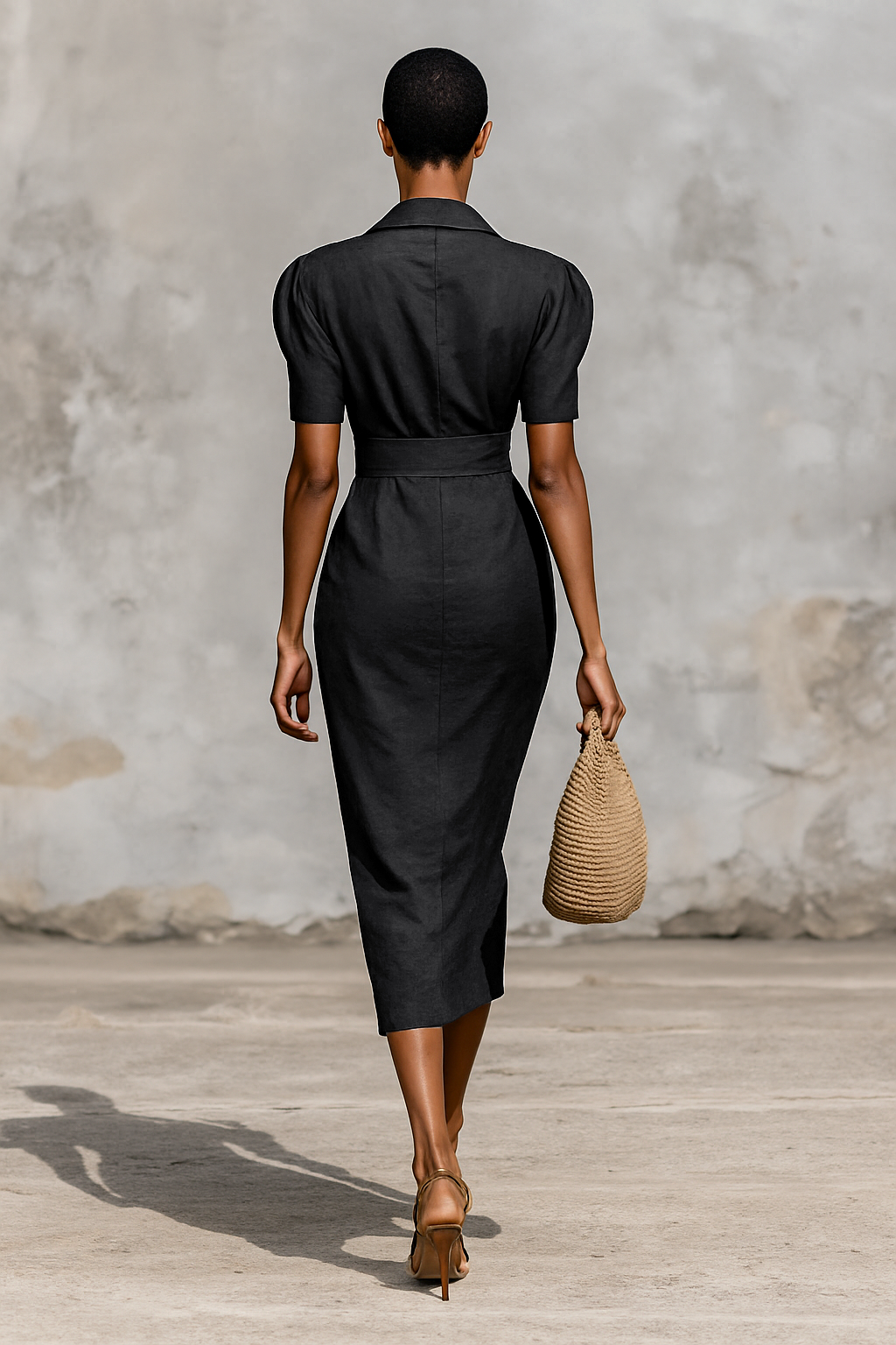 Abito Midi Donna Monocromatico con Collo a V e Maniche Corte