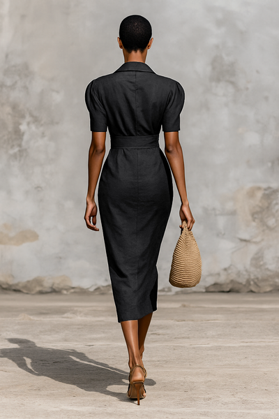 Abito Midi Donna Monocromatico con Collo a V e Maniche Corte