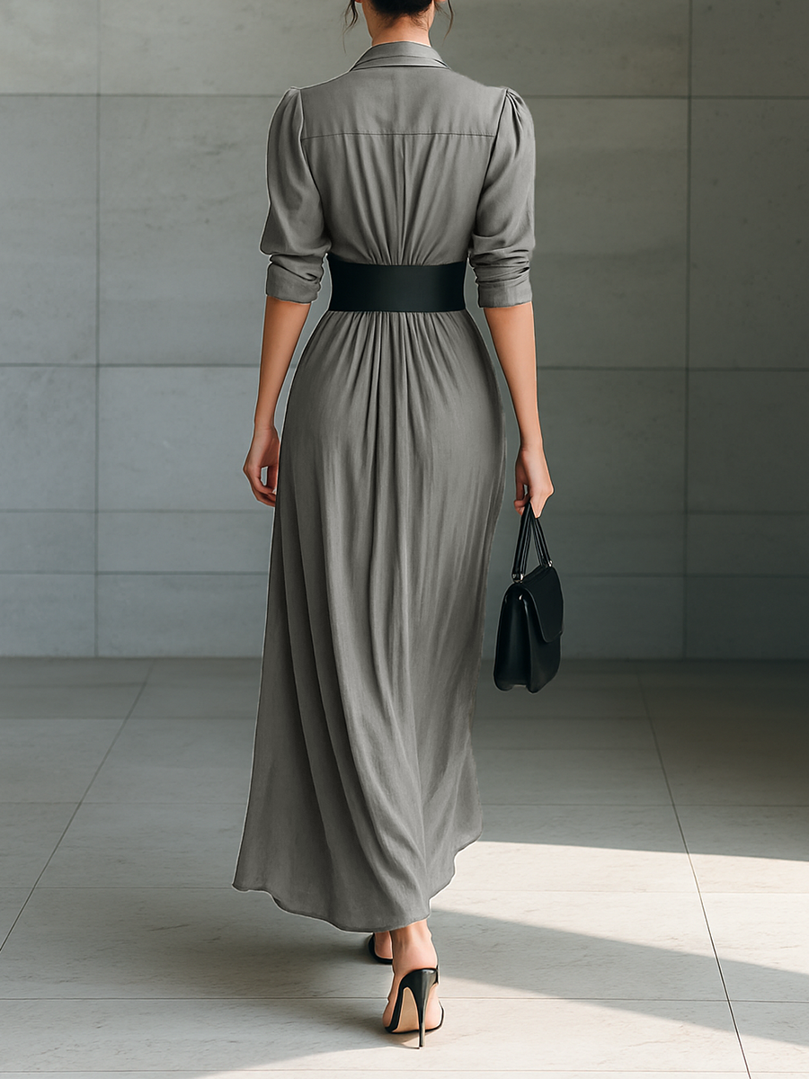 Abito Maxi con Collo a Revers e Maniche Lunghe