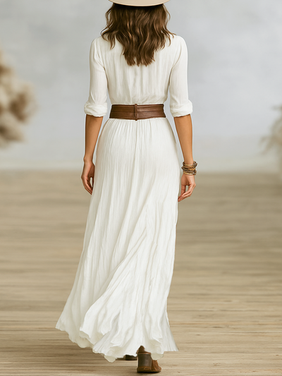 Abito Maxi Lungo Donna in Cotone e Lino Imitazione con Collo a Revers