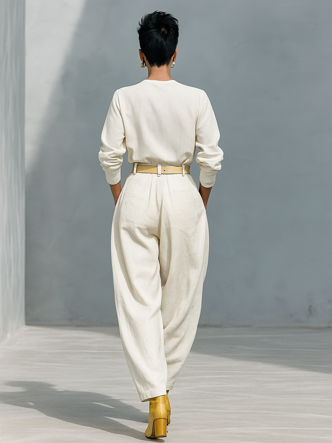 Set di Camicia a Maniche Lunghe e Pantaloni Larghi in Cotone e Lino