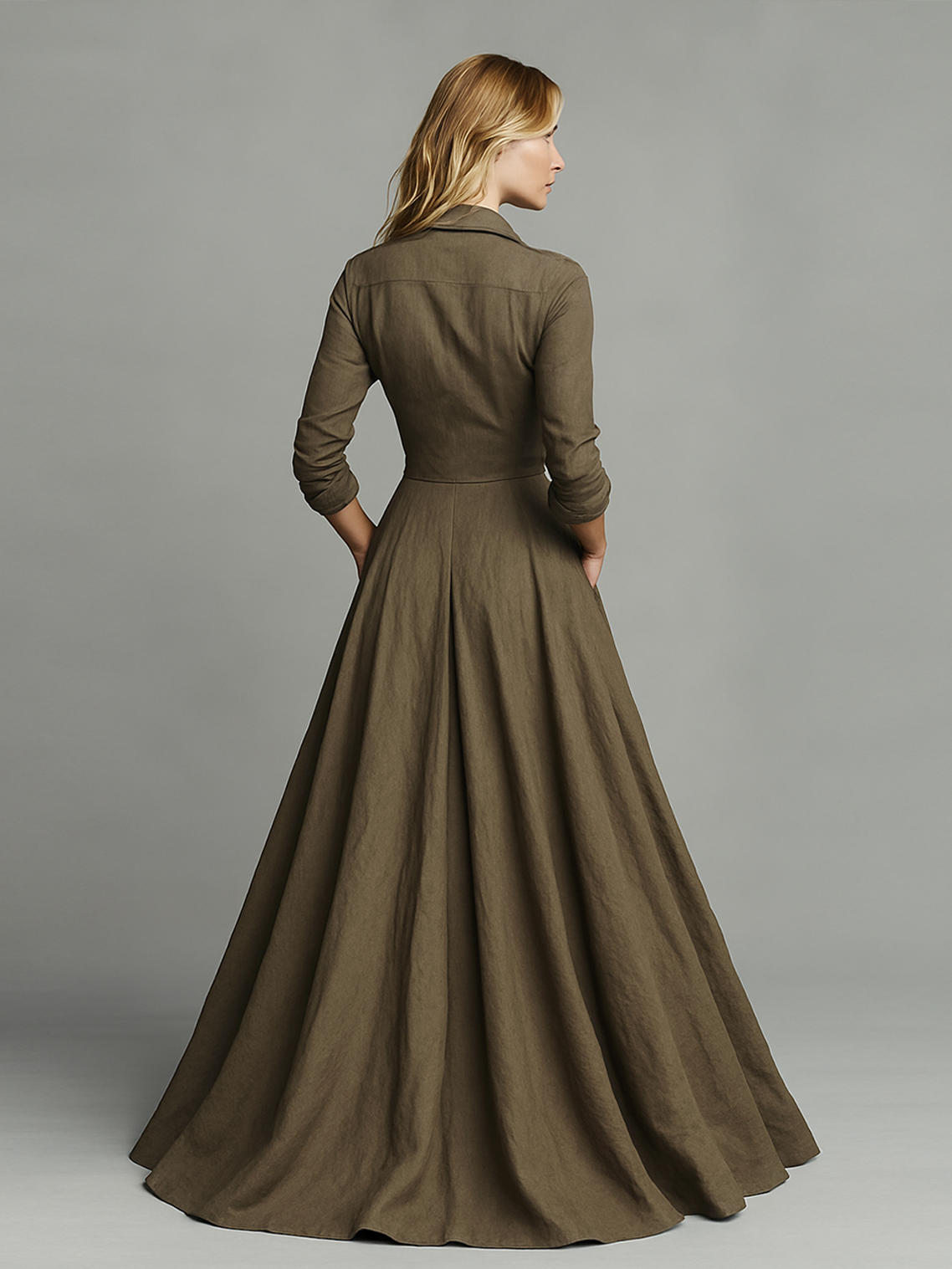Abito Maxi Vintage in Cotone e Lino per Donna con Design a Camicia