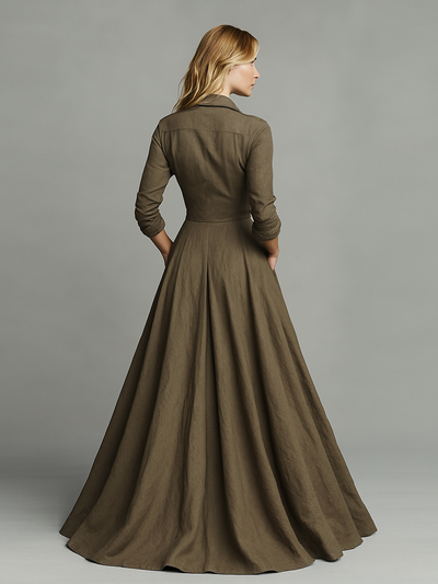 Abito Maxi Vintage in Cotone e Lino per Donna con Design a Camicia