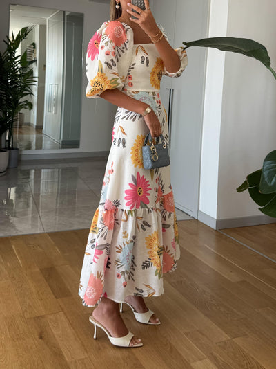 Elisa™ | Abito midi floreale con scollo quadrato