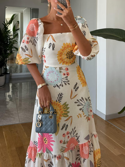 Elisa™ | Abito midi floreale con scollo quadrato