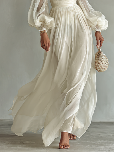 Abito Maxi in Chiffon da Donna con Scollatura Quadrata e Maniche Lunghe