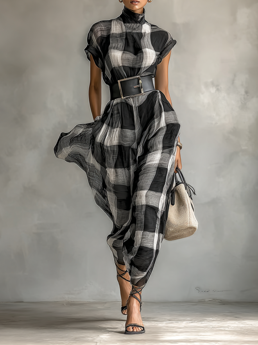 Abito Maxi in Chiffon a Quadri con Collo Alto e Maniche Corte