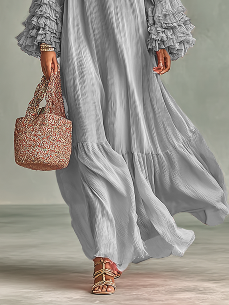 Abito Maxi in Chiffon Pieghettato Donna con Maniche Lunghe e Rouches