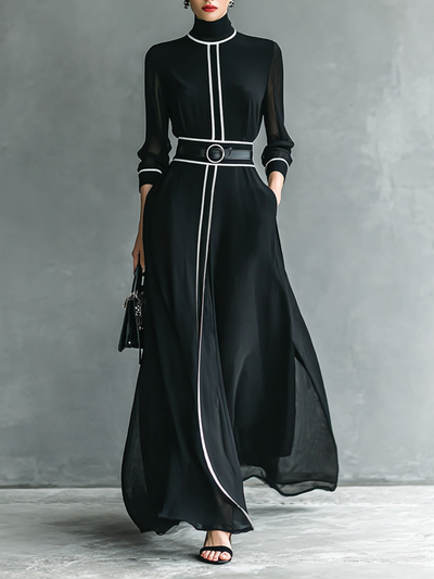 Abito Maxi in Chiffon con Collo Alto e Maniche Lunghe per Donna con Bordo Bianco