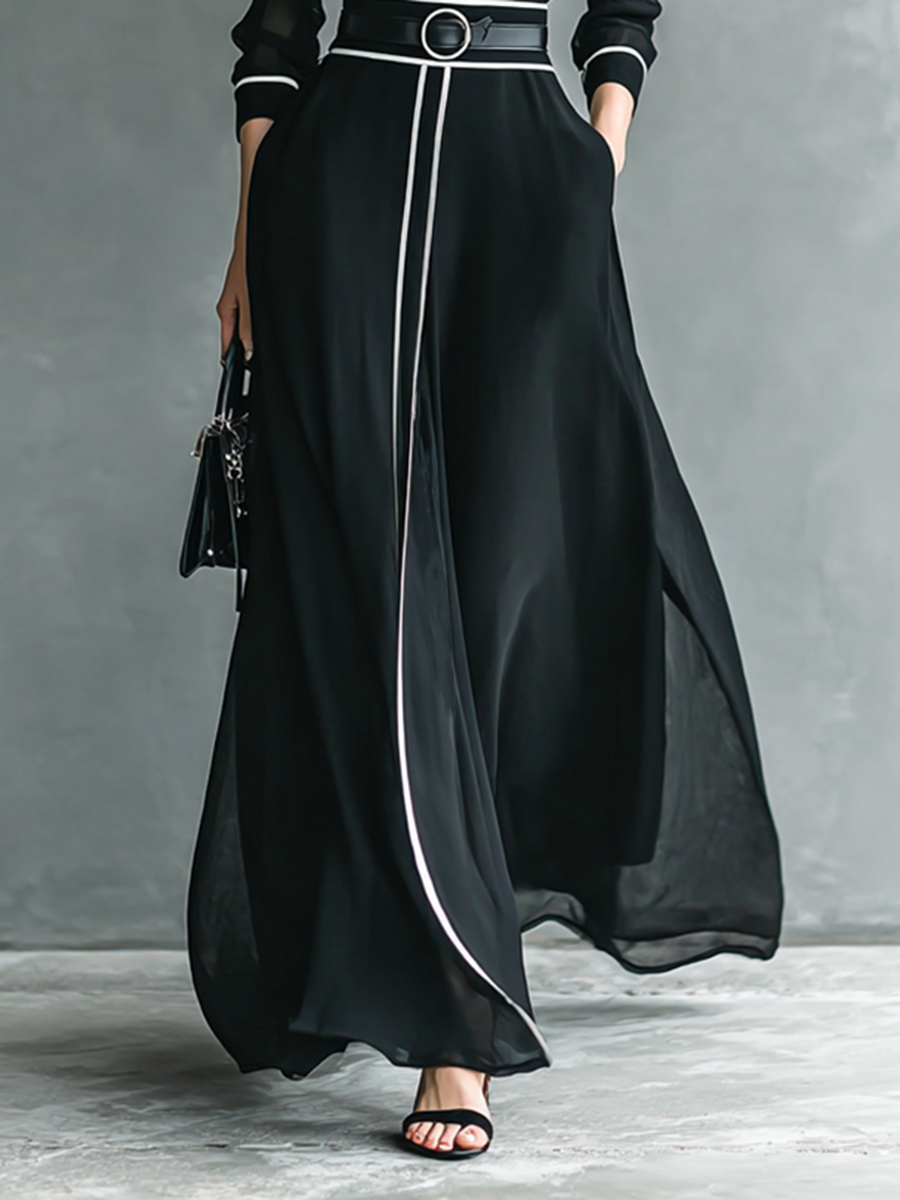 Abito Maxi in Chiffon con Collo Alto e Maniche Lunghe per Donna con Bordo Bianco