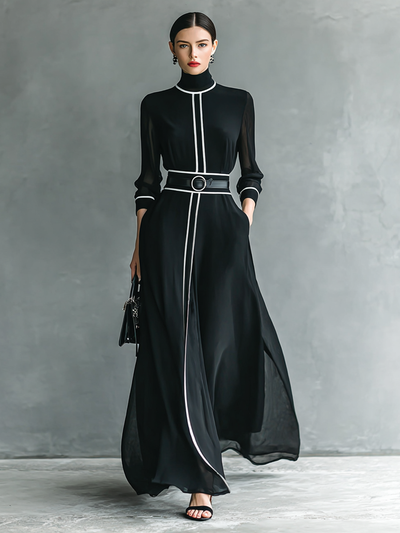 Abito Maxi in Chiffon con Collo Alto e Maniche Lunghe per Donna con Bordo Bianco
