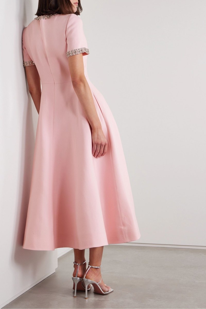 Abito midi rosa Zoe con fiocco decorato da cristalli